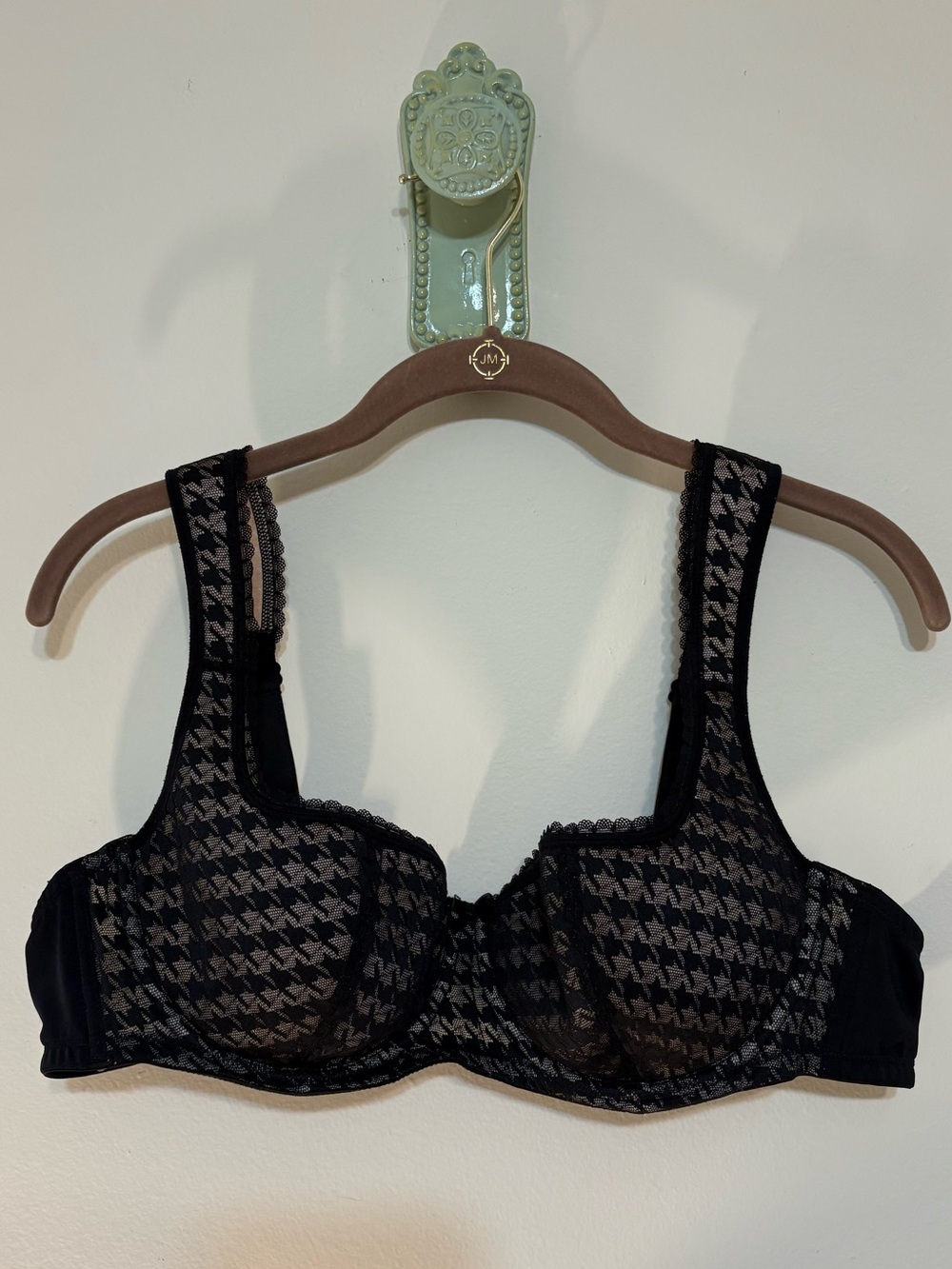 Demi Bra Black Nude Houndstooth Wide Strap Lace Trim Triple Hook 38 B